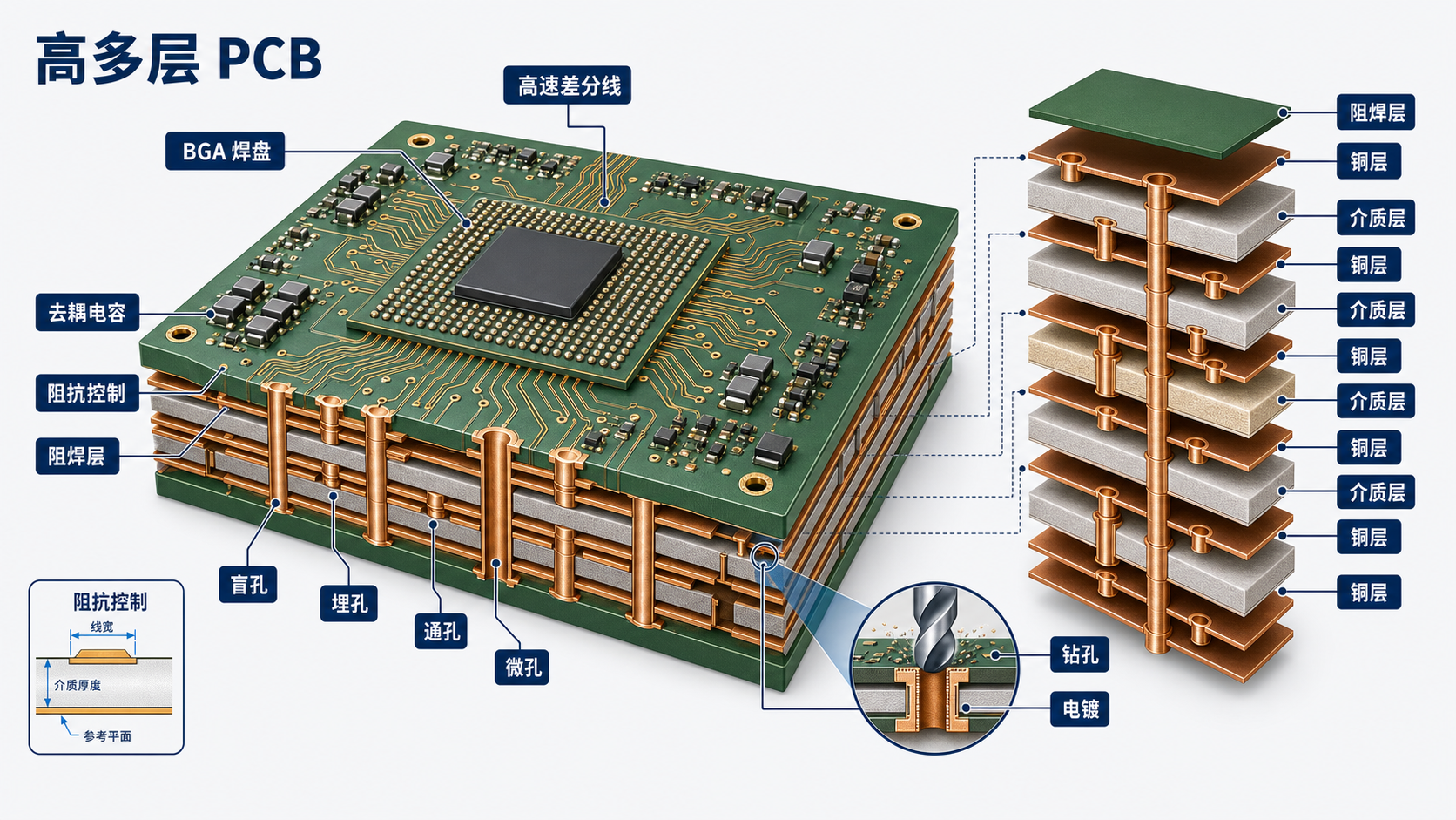 高多层 PCB 结构示意图